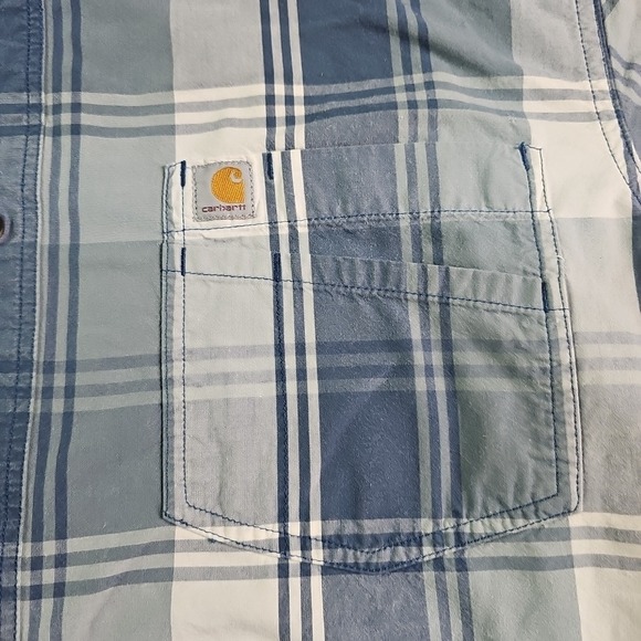 Carhartt Shirt Mens Large Relaxed Fit Short Sleeve Button Up Blue Plaid Work - Picture 2 of 7